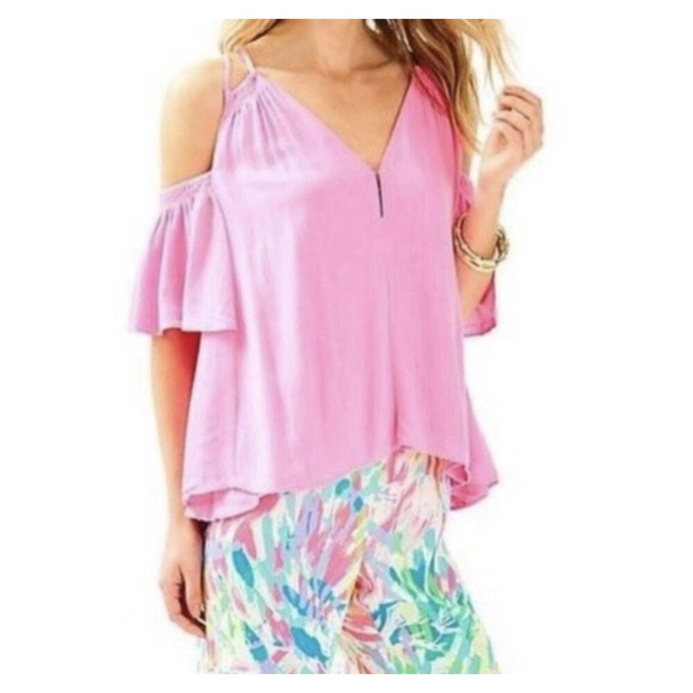 Lilly Pulitzer Women Bellamie Cold Shoulder Top Tiki Pink Rayon Blouse Medium M